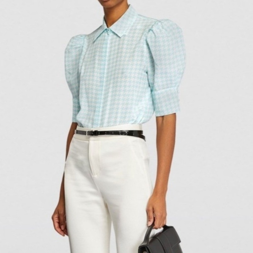 Alice + Olivia Willa Mint Green Houndstooth 100% Silk Puff Sleeve Blouse Medium
